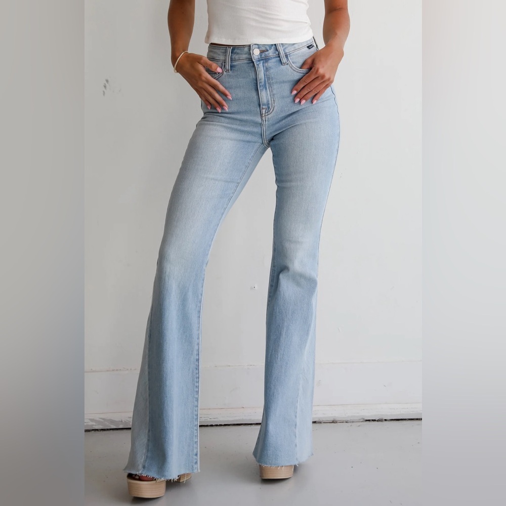 High Waisted Light Wash Distressed Flare Jeans